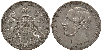 Брауншвейг-Каленберг-Ганновер 1 талер 1866 В, Георг V (1851-1866) КМ 230, AKS 144, Dav. 682, Kahnt 239, Thun 174 серебро 00-1067-10-11