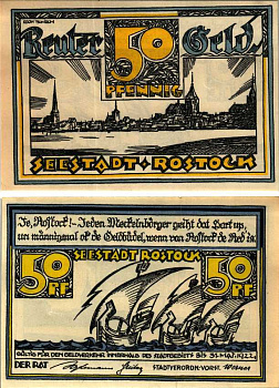 РОСТОК 50 ПФЕННИГОВ 1922 НОТГЕЛЬД, ИЮНЬ 1922 - 31 МАЯ 1922, ЗЕМЛЯ МЕКЛЕНБУРГ-ПЕРЕДНЯЯ ПОМЕРАНИЯ Grabowski 1138.1 бумага 6318-43-2-1