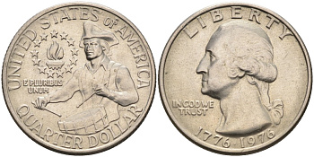 США 25 центов = квотер 1976 200 лет независимости (1776-1976), Вашингтон, барабанщик KM 204 медь плакированная медно-никель 4586-621