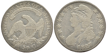 США 1/2 доллара (50 центов) 1827 свобода, орел, закрученная двойка серебро 3896-1313