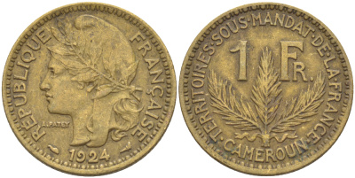 Французский Камерун 1 франк 1924 (а), монетный двор Париж KM 2 алюминиевая бронза 29-212