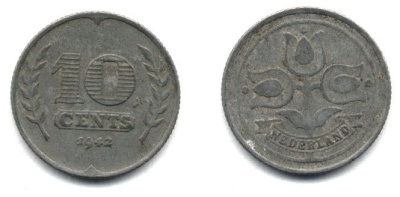 НИДЕРЛАНДЫ 10 ЦЕНТОВ 1942 ВИЛЬГЕЛЬМИНА (1890-1948) KM 173 цинк 25-145