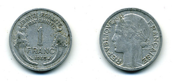 ФРАНЦИЯ 1 ФРАНК 1945 С KM 885а.3 алюминий 84-453