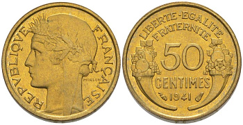 ФРАНЦИЯ 50 САНТИМОВ 1941 ТИП MORLON KM 894.1, LE FRANC 192.18 алюминиевая бронза 44-621