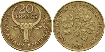 Мадагаскар 20 франков 1989 KM 12 алюминиевая бронза 4141-635