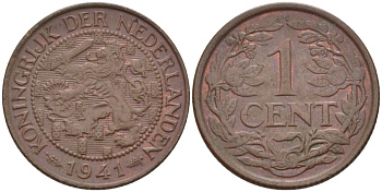 НИДЕРЛАНДЫ 1 ЦЕНТ 1941 ВИЛЬГЕЛЬМИНА (1890-1948) KM 152 бронза 39-115