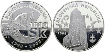 СЛОВАКИЯ 1000 КРОН 2008 15 ЛЕТ СЛОВАЦКОЙ КРОНЕ KM NEW серебро PROOF 01-019-23-1