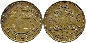Барбадос 5 центов 1973 маяк Саут-Пойнт KM 11 латунь 4398-445