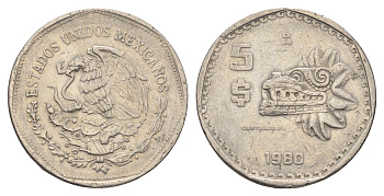 Мексика 5 песо 1980 ацтеская скульптура, пернатый змей Кетцалькоатль KM 485 медно-никель 4663-1026