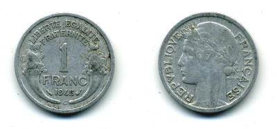 ФРАНЦИЯ 1 ФРАНК 1945 С KM 885а.3 алюминий 84-453