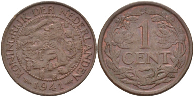 НИДЕРЛАНДЫ 1 ЦЕНТ 1941 ВИЛЬГЕЛЬМИНА (1890-1948) KM 152 бронза 39-115