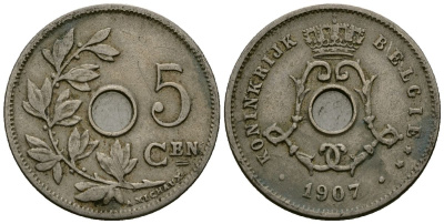 Бельгия 5 сантимов 1907 Belgie KM 55 медно-никель 4173-157