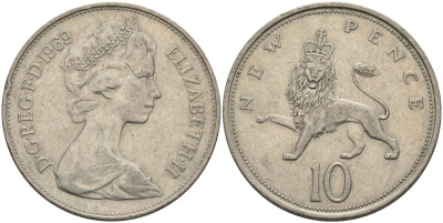 Великобритания 10 пенсов 1969 Елизавета II (1952-2022) KM 912, Spink 4231 (F1) медно-никель 4683-421