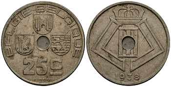 Бельгия 25 сантимов 1938 Belgie - Belgique KM 115 никель латунь 4403-1245