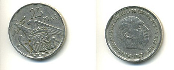 ИСПАНИЯ 25 ПЕСЕТ 1957 (59) ФРАНСИСКО ФРАНКО ДИКТАТОР ИСПАНИИ (1939-1975) KM 787 медно-никель 54-2233