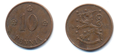 Финляндия 10 пенни 1928 республика (1918-1962) KM 24 медь 46-1621