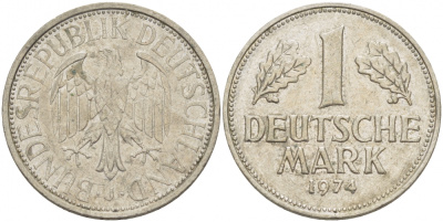ФРГ 1 МАРКА 1974 J KM 110, J. 385 медно-никель 3718-1143