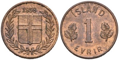 Исландия 1 ЭЙРЕ 1958 KM 8 бронза 4564-622