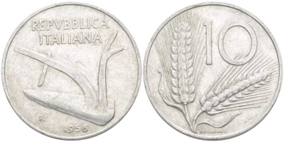 ИТАЛИЯ 10 ЛИР 1956 R, ПЛУГ, КОЛОСЬЯ KM 93 алюминий 175-412