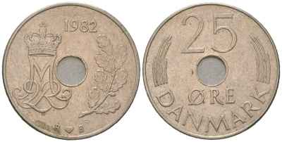 Дания 25 эре 1982 R; B, Маргрете II (1972-2024) KM 861 медно-никель 4618-511