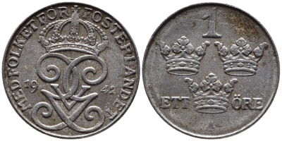 Швеция 1 эре 1942 Густав V (1907-1950) KM 810 железо 46-469