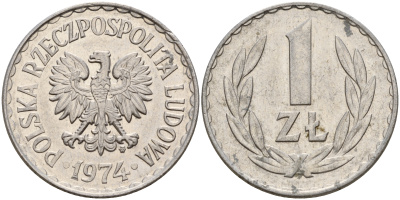 Польша 1 злотый 1974 MW KM 49.1 алюминий    4161-1024