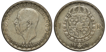 Швеция 1 крона 1947 TS, Густав V (1907-1950) KM 814 серебро 4178-541