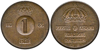 Швеция 1 эре 1965 U, Густав VI Адольф (1950-1973) KM 820 бронза 201-1155