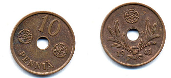 ФИНЛЯНДИЯ 10 ПЕННИ 1941 KM 33.1 медь 51-4933