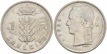 Бельгия 1 франк 1958 Belgie, Бодуэн I (1951-1993) KM 143.1 медно-никель 68-532