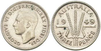 Австралия 3 пенса 1949 KG, Георг VI (1937-1952) KM 44 серебро 4585-261