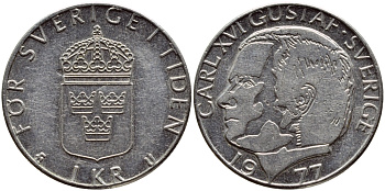 Швеция 1 крона 1977 Карл XVI Густав (1973- ) KM 852 медь плакированная медно-никелем 4397-816