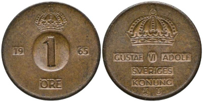 Швеция 1 эре 1965 U, Густав VI Адольф (1950-1973) KM 820 бронза 201-1155