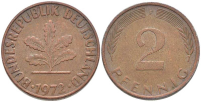 ФРГ 2 ПФЕННИГА 1972 F KM 106a, J. 381a сталь плакированная сталь плакированная медьюю 116-328
