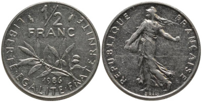 Франция 1/2 франка 1986 сеятель KM 931.1, Le Franc 198.25 никель 181-432