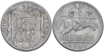 ИСПАНИЯ 10 СЕНТИМО 1941 РЫЦАРЬ НА КОНЕ KM 766 алюминий 216-517