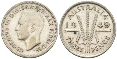 Австралия 3 пенса 1949 KG, Георг VI (1937-1952) KM 44 серебро 4585-261