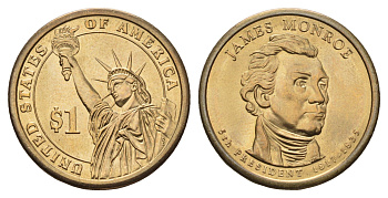 США 1 доллар 2008 D, Президент США - Джеймс Монро (1817-1825) KM 426 медь с марганцево-латунным покрытием UNC 4666-233