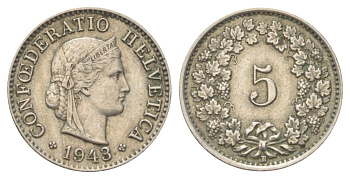Швейцария 5 раппенов 1943 B KM 26 медно-никель 4625-442