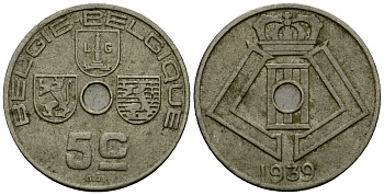 Бельгия 5 сантимов 1939 Belgie - Belgique KM 111 никель латунь 4173-628