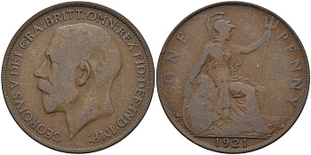 Великобритания 1 пенни 1921 Георг V (1910-1936) KM 810, Spink 4051 бронза 4144-831