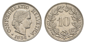 Швейцария 10 раппенов 1934 B KM 27b никель 4627-1147