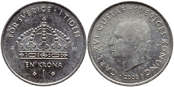 Швеция 1 крона 2008 Карл XVI Густав (1973- ) KM 894 медно-никель 85-517