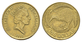 Новая Зеландия 1 доллар 1991 Елизавета II (1952-2022), птица киви KM 78 алюминиевая бронза 4652-252