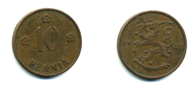 Финляндия 10 пенни 1927 республика (1918-1962) KM 24 медь 46-1611