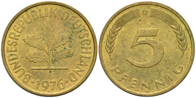 ФРГ 5 ПФЕННИГОВ 1976 D KM 107, J.382 сталь плакированная латунью UNC 75-467