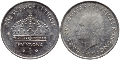 Швеция 1 крона 2008 Карл XVI Густав (1973- ) KM 894 медно-никель 85-517