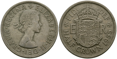 Великобритания 1/2 кроны 1955 Елизавета II (1952-2022) KM 907, Spink 4145 медно-никель 4125-524