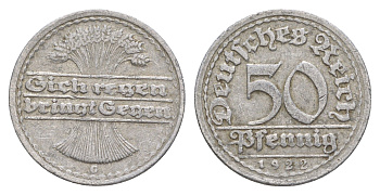 Германия 50 пфеннигов 1922 G KM 27, J. 301 алюминий 4638-1024