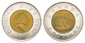 Канада 2 доллара 1996 Елизавета II (1952-2022), полярный медведь KM 270 биметалл UNC 4637-1025